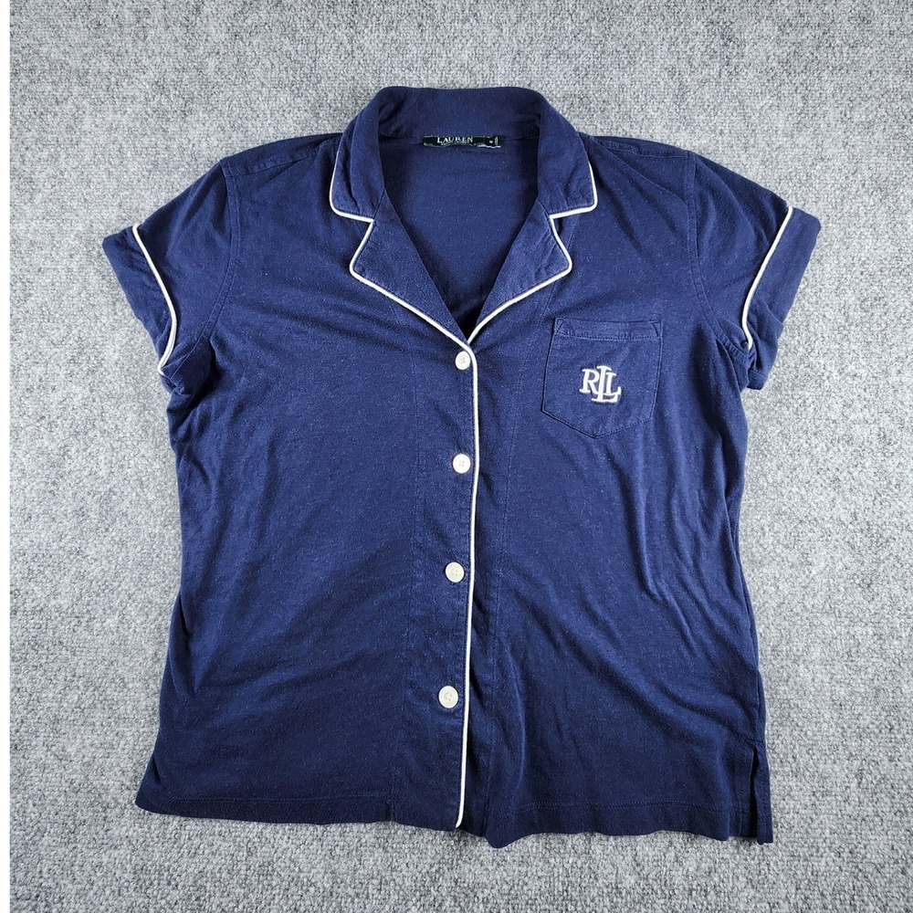 Lauren Ralph Lauren Womens Navy Blue Monogram Pajama Top Short Sleeve Button Up